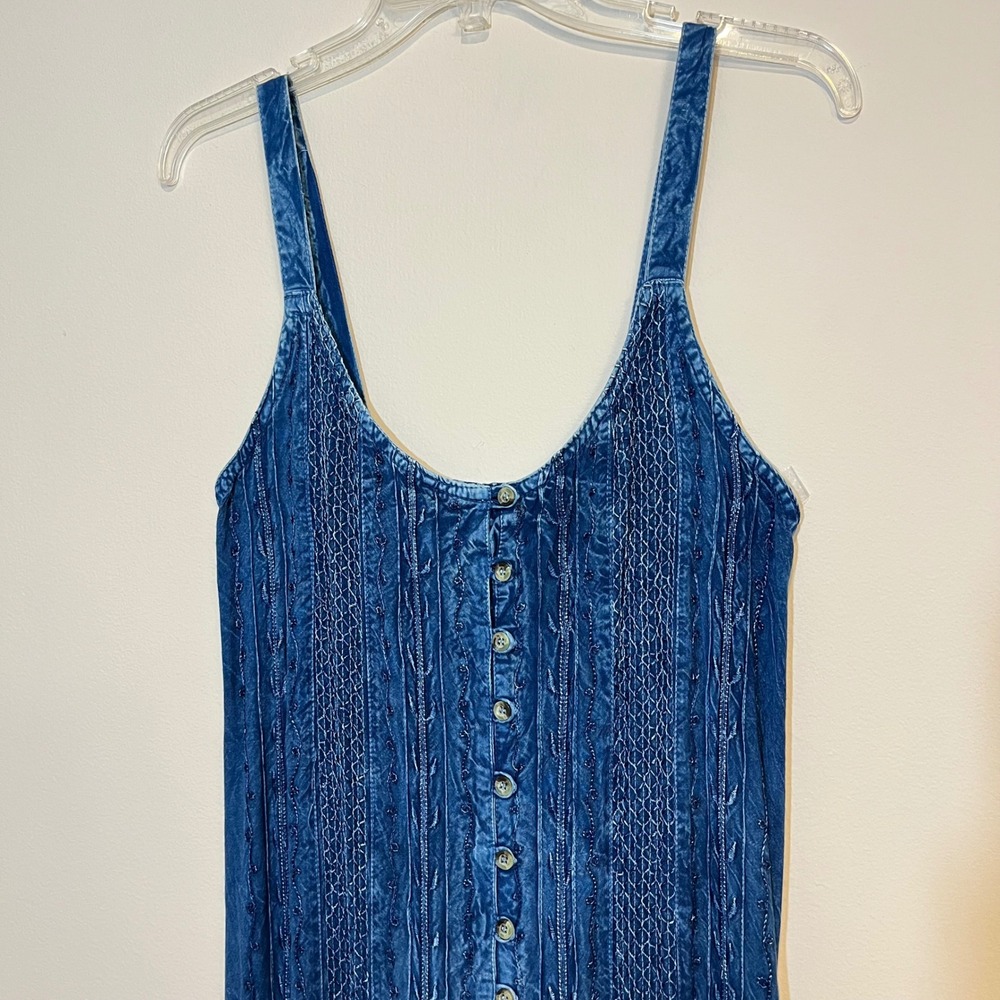 Raya Sun Dress Chambray Blue Embroidered Button Front Midi Sleeveless Large - Picture 3 of 6